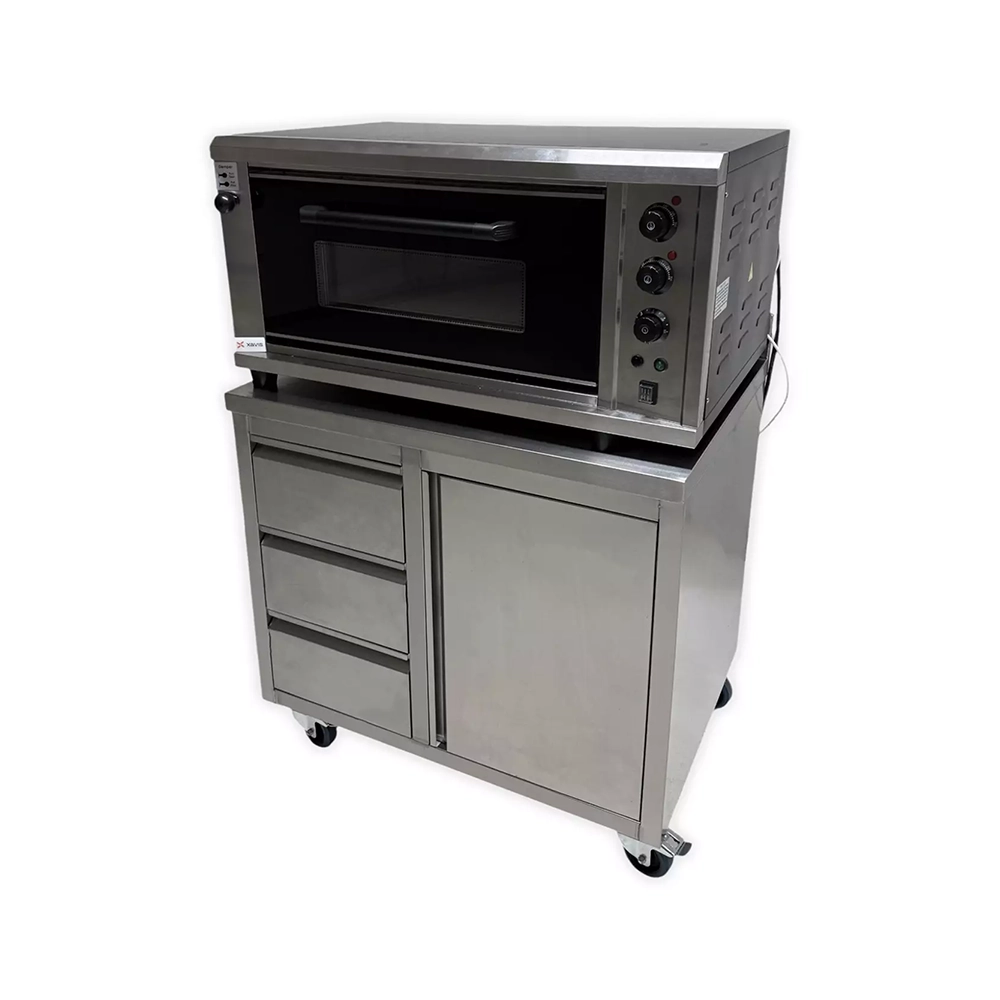 INOX tafel 3 lades + deur op wielen