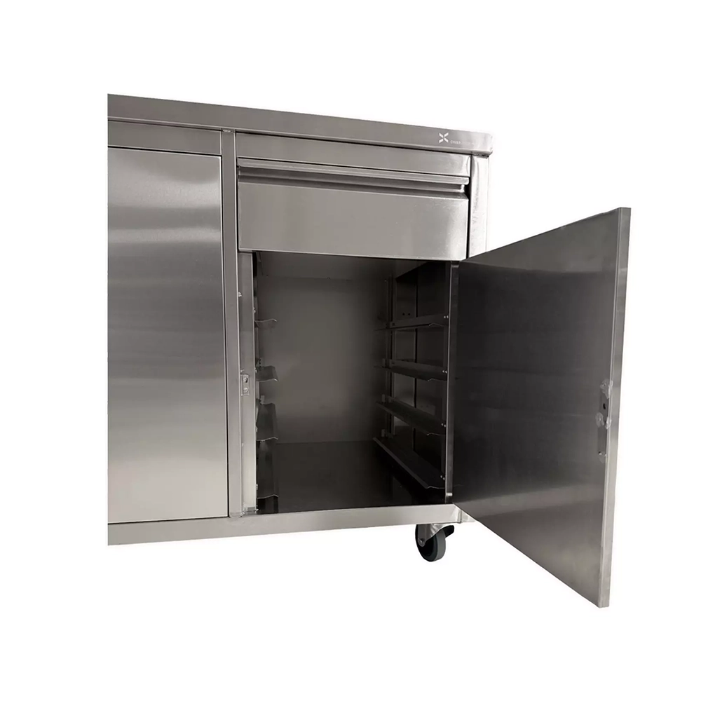 INOX tafel 1 lade + 3 deuren op wielen